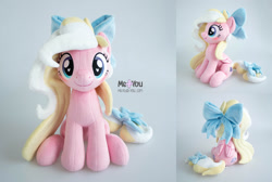 Size: 2200x1477 | Tagged: safe, artist:meplushyou, oc, oc only, oc:bay breeze, pegasus, pony, blushing, bow, female, folded wings, hair bow, irl, mare, multiple views, photo, plushie, sitting, solo, wings