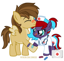 Size: 1000x953 | Tagged: safe, artist:jennieoo, oc, oc only, oc:buttercup, oc:charming dazz, pegasus, pony, unicorn, bandaid, diaper, duo, female, filly, foal, gift art, nurse, nurse outfit, patreon, patreon reward, show accurate, simple background, stethoscope, tongue out, transparent background, vector