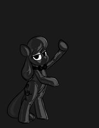 Size: 2550x3300 | Tagged: safe, alternate version, artist:latexia, edit, editor:anonymous, octavia melody, earth pony, pony, g4, /mlp/ latex requests, bipedal, bondage, bow, bowtie, dark, encasement, gray background, grayscale, high res, hood, hoof hold, latex, latex suit, lidded eyes, monochrome, png, simple background, solo, template