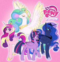 Size: 3154x3239 | Tagged: safe, artist:frowoppy, princess cadance, princess celestia, princess luna, twilight sparkle, alicorn, pony, g4, alicorn tetrarchy, colored wings, eyes closed, female, folded wings, gradient wings, group, high res, looking at you, mare, quartet, smiling, smiling at you, twilight sparkle (alicorn), wings