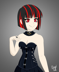 Size: 2975x3654 | Tagged: safe, artist:bageloftime, oc, oc only, oc:raven moon, human, undead, vampire, equestria girls, g4, adorable face, black dress, clothes, cute, cute little fangs, dress, fangs, female, goth, gradient background, red eyes, solo, vampire girl