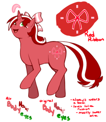 Size: 1280x1477 | Tagged: safe, artist:redintravenous, oc, oc only, oc:red ribbon, unicorn, ask red ribbon, bow, female, hair bow, mare, reference sheet, simple background, solo, white background