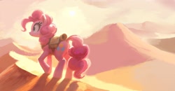 Size: 2760x1438 | Tagged: safe, artist:yidwags, pinkie pie, earth pony, pony, g4, backlighting, bag, butt, desert, female, full body, mare, plot, saddle bag, scenery, scenery porn, smiling, solo, walking