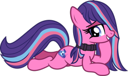 Size: 1399x838 | Tagged: safe, artist:lightningbolt, derpibooru exclusive, oc, oc only, oc:serenity pond, earth pony, pony, 2024 community collab, derpibooru community collaboration, g4, .svg available, collar, female, hair over one eye, lidded eyes, long mane, long tail, looking at you, lying down, mare, prone, show accurate, simple background, solo, svg, tail, transparent background, vector