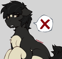 Size: 3250x3095 | Tagged: safe, artist:stablegrass, oc, oc:stable, earth pony, pony, chest fluff, coat markings, ears back, facial markings, floppy ears, gray background, grumpy, looking sideways, male, messy mane, pale belly, simple background, socks (coat markings), speech bubble, stallion, star (coat marking), star mark, stars