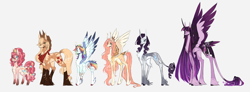 Size: 10758x3953 | Tagged: safe, artist:iheyyasyfox, applejack, fluttershy, pinkie pie, rainbow dash, rarity, twilight sparkle, alicorn, classical unicorn, earth pony, pegasus, pony, unicorn, g4, absurd file size, absurd resolution, alternate design, bandage, bandaged leg, bandaid, bandaid on nose, bandana, beautiful, chest fluff, cloven hooves, coat markings, colored, colored wings, concave belly, countershading, curved horn, eye clipping through hair, eyebrows, eyebrows visible through hair, feathered fetlocks, female, fit, floral head wreath, flower, food, goggles, goggles on head, group, hat, height difference, hock fluff, hooves, horn, leonine tail, long feather, long legs, long mane, long tail, mane six, mare, multicolored wings, neckerchief, older, older twilight, older twilight sparkle (alicorn), physique difference, plaid, princess twilight 2.0, quadrupedal, sextet, simple background, size comparison, size difference, slender, socks (coat markings), spread wings, sprinkles, standing, starry wings, tail, tail feathers, tall, thin, twilight sparkle (alicorn), ultimate twilight, unshorn fetlocks, wall of tags, white background, wings
