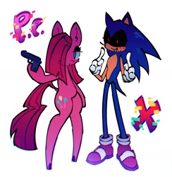 Size: 1605x1644 | Tagged: safe, artist:mihar34, pinkie pie, earth pony, pony, semi-anthro, g4, bipedal, duo, frown, gun, pinkamena diane pie, sharp teeth, simple background, smiling, sonic the hedgehog (series), sonic.exe, teeth, weapon, white background