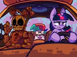 Size: 1440x1080 | Tagged: safe, artist:mihar34, twilight sparkle, pony, unicorn, g4, boyfriend (friday night funkin), car, crossover, driving, five nights at freddy's, friday night funkin', frown, goofy movie meme, sitting, springtrap, trio, unicorn twilight