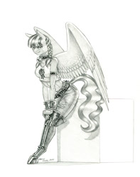 Size: 1050x1335 | Tagged: safe, artist:baron engel, inky rose, pegasus, anthro, unguligrade anthro, g4, boots, clothes, female, leather, leather boots, mare, monochrome, pencil drawing, shoes, simple background, solo, thigh boots, traditional art, white background