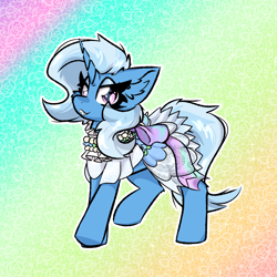 Size: 2000x2000 | Tagged: safe, artist:jubyskylines, trixie, pony, unicorn, g4, abstract background, clothes, cute, cute little fangs, dress, ear fluff, fangs, female, gradient background, lidded eyes, looking at you, mare, smiling, solo, teeth