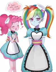 Size: 1614x2048 | Tagged: safe, artist:m09160, pinkie pie, rainbow dash, human, equestria girls, g4, alternate hairstyle, apron, blushing, clothes, dress, duo, duo female, eyes closed, female, floating heart, frown, hat, heart, open mouth, open smile, pigtails, rainbow dash always dresses in style, rainbow dash is not amused, server pinkie pie, server rainbow dash, simple background, smiling, text, twintails, unamused, uniform, waitress, white background