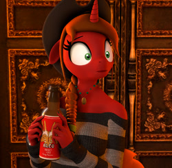Size: 777x761 | Tagged: safe, artist:alcohors, oc, oc:essy ferguson, unicorn, anthro, 3d, alcohol, beer, bottle, clothes, female, solo, sweater