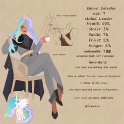 Size: 2048x2048 | Tagged: safe, artist:cryweas, princess celestia, alicorn, human, pony, smile virus, g4, alternate hairstyle, alternate universe, belt, brown background, chair, clothes, coat, creepy, crown, cup, dark skin, detachable head, dress, ear piercing, earring, eyeshadow, female, food, grin, high heels, hoof shoes, humanized, jewelry, lipstick, makeup, mare, modular, nail polish, necklace, pants, piercing, reference sheet, regalia, shirt, shoes, simple background, smiling, solo, suit, sweater, tattoo, tea, teacup