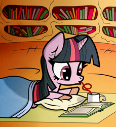 Size: 1100x1200 | Tagged: safe, artist:scandianon, twilight sparkle, pony, unicorn, g4, blanket, book, crazy straw, drink, drinking, female, golden oaks library, lying down, lying on the floor, mare, mug, night, pillow, silly straw, solo, unicorn twilight