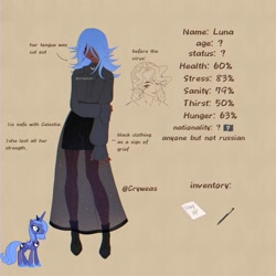 Size: 2048x2048 | Tagged: safe, artist:cryweas, princess luna, alicorn, human, pony, smile virus, g4, alternate hairstyle, alternate universe, blood, boots, brown background, clothes, crown, dark skin, female, hair over one eye, hoof shoes, humanized, implied princess celestia, infected, infection au, jewelry, mare, mute, notebook, paper, pen, reference sheet, regalia, see-through, shoes, simple background, skirt, solo, sweater, virus