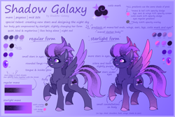 Size: 7500x5000 | Tagged: safe, artist:shad0w-galaxy, oc, oc only, oc:shadow galaxy, pegasus, pony, absurd resolution, belly fluff, cheek fluff, chest fluff, color palette, concave belly, ear fluff, ethereal mane, fangs, female, fluffy, gradient background, hooves, mare, open mouth, raised hoof, raised leg, reference sheet, shoulder fluff, slender, smiling, solo, spread wings, standing on two hooves, starry eyes, starry mane, starry tail, tail, text, thin, unshorn fetlocks, wingding eyes, wings