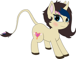 Size: 4348x3393 | Tagged: safe, artist:anonymous, oc, oc only, classical unicorn, pony, unicorn, 4chan, blue eyes, blushing, brown mane, cloven hooves, curved horn, female, filly, foal, hooves, horn, leonine tail, long tail, simple background, solo, tail, tan coat, transparent background, unshorn fetlocks