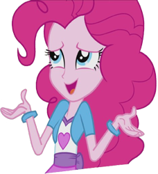 Size: 2294x2520 | Tagged: safe, edit, edited screencap, editor:homersimpson1983, screencap, pinkie pie, human, equestria girls, g4, arms, background removed, bracelet, breasts, bust, clothes, female, hand, jewelry, long hair, not a vector, open mouth, open smile, shirt, shrug, simple background, skirt, smiling, solo, talking, teenager, transparent background, vest