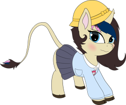 Size: 4348x3622 | Tagged: safe, alternate version, artist:anonymous, oc, oc only, classical unicorn, pony, unicorn, 4chan, blue eyes, blushing, brown mane, clothes, cloven hooves, curved horn, female, filly, foal, hat, hooves, horn, kindergarten uniform, leonine tail, long tail, name tag, school uniform, simple background, solo, tail, tan coat, transparent background, unshorn fetlocks