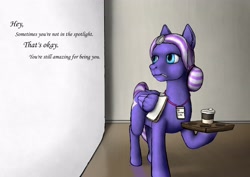 Size: 3508x2480 | Tagged: safe, artist:sufficientgravitas, oc, oc:starchart scribe, pony, unicorn, assistant, blue eyes, clipboard, coffee, english, purple coat