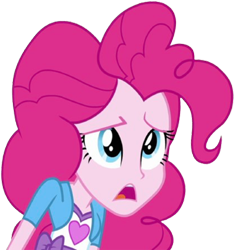 Size: 2373x2520 | Tagged: safe, edit, edited screencap, editor:mrtoonlover83, screencap, pinkie pie, human, equestria girls, g4, arms, background removed, breasts, bust, clothes, confused, eyebrows, female, long hair, not a vector, open mouth, raised eyebrow, shirt, simple background, skirt, solo, talking, teenager, teeth, transparent background, vest