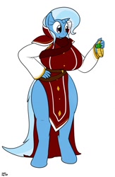 Size: 832x1280 | Tagged: safe, artist:the-furry-railfan, trixie, oc, oc:isaak wolfram, unicorn, anthro, unguligrade anthro, amulet, belt, big breasts, blue hair, breasts, busty trixie, cape, character to character, clothes, commission, curvy, eyes on the prize, female, hand on hip, hourglass figure, huge breasts, human oc, human to anthro, jewelry, knight, male to female, mare, missing cutie mark, necklace, purple eyes, scarf, shirt, signature, simple background, smiling, solo, tabard, transformation, transformation sequence, transformed, transgender transformation, two toned mane, white background, wide hips, zecora's doorstop