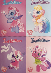 Size: 578x826 | Tagged: safe, cheerilee (g3), starsong, sweetie belle (g3), toola-roola, earth pony, pegasus, unicorn, g3, g3.5, official, bipedal, card, clothed ponies, clothes, costume, cute, dancing, dress, dressup, fairy wings, female, filly, foal, french, hat, hennin, invitation, magazine, magic, magic wand, mare, princess costume, wings