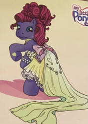 Size: 565x798 | Tagged: safe, fizzy pop, earth pony, pony, g3, official, alternate hairstyle, bipedal, bow, clothed ponies, clothes, dress, formal wear, frilly dress, gown, hair bun, hoof heart, logo, magazine, rearing, shadow, underhoof, updo