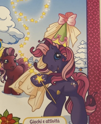 Size: 646x796 | Tagged: safe, cherry blossom (g3), fizzy pop, earth pony, pony, g3, official, bow, duo, hat, hennin, magazine, magazine cover, magic wand, princess costume, snow, sparkes, stars, winter