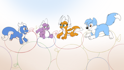 Size: 3840x2160 | Tagged: safe, artist:rupert, smolder, spike, oc, oc:alex the wyvern, oc:rupert the blue fox, dragon, fox, g4, balloon, balloon riding, colored pupils, dragon day, dragoness, female, gradient background, lying down, male, monochrome, prone, sketch, that dragon sure does love balloons, that fox sure does love balloons, that pony sure does love balloons