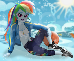Size: 8508x6984 | Tagged: safe, artist:emeraldblast63, part of a set, rainbow dash, human, unicorn, equestria girls, g4, basketball, bedroom eyes, belly, belly button, breasts, cleavage, clothes, female, lens flare, lipstick, looking at you, midriff, open fly, panties, panty peek, pink eyes, pink panties, pink underwear, purple lipstick, smiling, smiling at you, solo, sports, stupid sexy rainbow dash, underwear