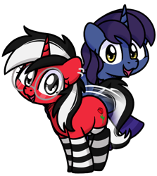 Size: 1930x2161 | Tagged: safe, artist:sugar morning, oc, oc only, oc:dusk light, oc:rosalia, pony, unicorn, 2024 community collab, derpibooru community collaboration, clothes, duo, duo male and female, ear piercing, earring, female, glasses, horn, jewelry, looking at you, male, piercing, simple background, smiling, smiling at you, socks, striped socks, tail, tail wag, transparent background