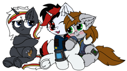 Size: 4072x2304 | Tagged: safe, artist:fliegerfausttop47, artist:twiny dust, oc, oc only, oc:blackjack, oc:littlepip, oc:velvet remedy, pony, unicorn, 2024 community collab, derpibooru community collaboration, fallout equestria, fallout equestria: project horizons, clothes, eyes open, fanfic art, female, horn, jumpsuit, mare, pipbuck, red eyes, security vault suit, simple background, transparent background, trio, vault suit