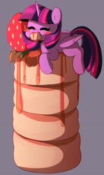 Size: 2104x3524 | Tagged: safe, artist:sakukitty, twilight sparkle, alicorn, pony, g4, blush sticker, blushing, cute, eating, eyebrows, eyebrows visible through hair, eyes closed, female, folded wings, food, giant food, gray background, herbivore, high res, horn, mare, mouth hold, pancakes, simple background, solo, strawberry, twiabetes, twilight sparkle (alicorn), wings