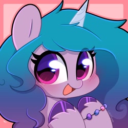 Size: 2050x2050 | Tagged: safe, artist:sakukitty, izzy moonbow, pony, unicorn, g5, blush lines, blushing, bracelet, cute, eye clipping through hair, female, friendship bracelet, high res, horn, izzybetes, jewelry, looking at you, mare, open mouth, open smile, smiling, smiling at you, solo, unshorn fetlocks