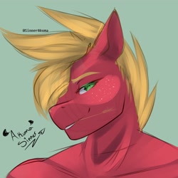 Size: 4000x4000 | Tagged: safe, artist:sinnerakuma, big macintosh, earth pony, anthro, g4, bare shoulder portrait, bare shoulders, bedroom eyes, bust, freckles, green background, hair over one eye, looking at you, male, portrait, signature, simple background, smiling, smiling at you, solo, stallion, straw in mouth, stupid sexy big macintosh