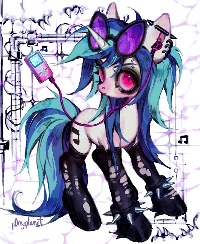 [clothes,dj pon-3,earbuds,earring,female,g4,heart,jewelry,latex,looking at you,mare,mp3 player,music notes,piercing,pony,punk,safe,signature,socks,solo,stockings,thigh highs,unicorn,vinyl scratch,eyebrow piercing,ear piercing,latex socks,abstract background,vinyl's glasses,wristband,industrial piercing,spiked wristband,latex stockings,artist:p0nyplanet]