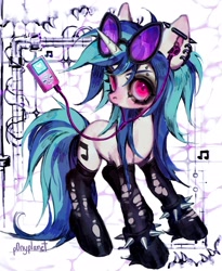 Size: 1680x2048 | Tagged: safe, artist:p0nyplanet, dj pon-3, vinyl scratch, pony, unicorn, g4, abstract background, clothes, colored eyebrows, colored pinnae, ear piercing, earbuds, earring, eyebrow piercing, eyebrows, eyebrows visible through hair, eyelashes, female, heart, industrial piercing, jewelry, latex, latex socks, latex stockings, looking at you, mare, mp3 player, music notes, piercing, pipe (plumbing), punk, signature, socks, solo, spiked wristband, stockings, thigh highs, turned head, vinyl's glasses, wristband