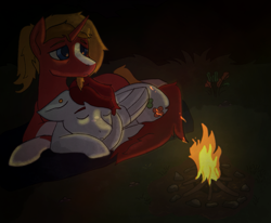 Size: 1989x1636 | Tagged: safe, artist:owslafa, oc, oc:heartsease, oc:triage, pegasus, unicorn, campfire, couple, gay, male