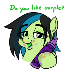 Size: 594x630 | Tagged: safe, artist:jargon scott, oc, oc only, oc:anonogee, pegasus, pony, bust, crayon, eating, eyebrows, eyebrows visible through hair, female, filly, foal, freckles, hoof hold, looking at you, magical lesbian spawn, offspring, ourple, parent:oc:apogee, parent:oc:filly anon, parents:oc x oc, puffy cheeks, simple background, solo, talking to viewer, white background