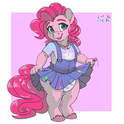 Size: 1800x1800 | Tagged: safe, artist:stargal galexi, pinkie pie, earth pony, anthro, unguligrade anthro, g4, candy, candy necklace, chest fluff, clothes, diaper, diaper fetish, diaper under clothes, dress, dress lift, ear fluff, female, fetish, food, jewelry, jumper dress, mare, necklace, non-baby in diaper, pinafore, pinafore dress, poofy diaper, ring pop, shirt, simple background, solo, t-shirt, unshorn fetlocks