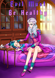 Size: 2894x4093 | Tagged: safe, artist:pencils, misty brightdawn, opaline arcana, human, fanfic:evil must be healthy, g5, alternate hairstyle, anklet, bed, blanket, caring, caring for the sick, clothes, crepuscular rays, cute, dress, duo, duo female, eyes closed, fanfic art, female, hand on head, high res, humanized, indoors, jewelry, legs, light skin, looking at someone, lying down, mama opaline, medicine, on back, pillow, sick, sitting, table, tissue, tissue box, title, wrist cuffs