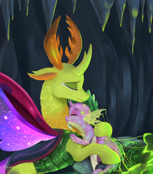Size: 1789x2042 | Tagged: safe, artist:darksly, spike, thorax, changedling, changeling, dragon, g4, alternate timeline, changeling hive, clothes, commission, crying, curved horn, cute, digital art, eyes closed, glowing, horn, horns, hug, king thorax, looking at each other, looking at someone, male, sad, scales, see-through, signature, sleeping, sparkles, spread wings, teary eyes, thorabetes, wings, worried
