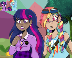 Size: 2545x2057 | Tagged: safe, artist:kat4nadepap3l, screencap, rainbow dash, twilight sparkle, alicorn, human, pegasus, pony, g4, bandaid, bandaid on nose, braid, braided pigtails, dark skin, duo, ear piercing, earring, female, goggles, goggles on head, hand on chest, high res, humanized, jewelry, mare, moderate dark skin, piercing, pigtails, scene interpretation, screencap reference, tan skin, tooth gap, twilight sparkle (alicorn)