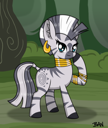 Size: 1412x1675 | Tagged: safe, artist:banquo0, zecora, zebra, g4, ear piercing, earring, female, hoof on chin, jewelry, looking at you, neck rings, piercing, raised hoof, smiling, solo