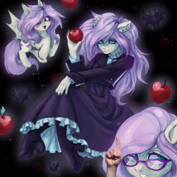 Size: 3000x3000 | Tagged: safe, artist:gulka-if, fluttershy, bat pony, human, pegasus, pony, anthro, plantigrade anthro, g4, apple, bat ponified, blush sticker, blushing, female, flutterbat, fluttergoth, food, glasses, high res, irl, irl human, mare, photo, race swap, sitting, solo, suddenly hands