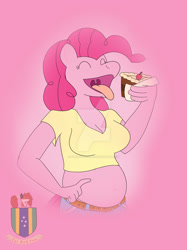 Size: 1024x1366 | Tagged: safe, artist:tairedfox, pinkie pie, anthro, g4, cake, chubby, eyes closed, female, food, gradient background, solo, tongue out