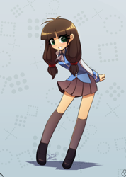 Size: 2508x3528 | Tagged: safe, artist:howxu, oc, oc only, oc:macdolia, human, clothes, female, humanized, humanized oc, looking at you, pigtails, remake, school uniform, simple background, smiling, smiling at you, starswirl academy, starswirl academy uniform