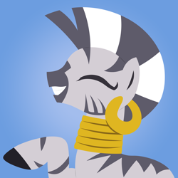 Size: 5000x5000 | Tagged: safe, artist:egor418, zecora, zebra, g4, absurd resolution, blue background, eyes closed, female, gold, gradient background, happy, jewelry, mare, raised hoof, smiling, solo, teeth