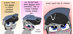 Size: 2200x1036 | Tagged: safe, artist:chopsticks, oc, oc only, oc:chopsticks, pegasus, pony, blatant lies, blushing, bust, cheek fluff, chest fluff, chipped tooth, close-up, comic, dialogue, ear fluff, eyebrows, eyebrows visible through hair, gradient background, hat, implied non-consensual booping, looking at you, looking down, male, one ear down, solo, stallion, stuttering, talking to viewer, text